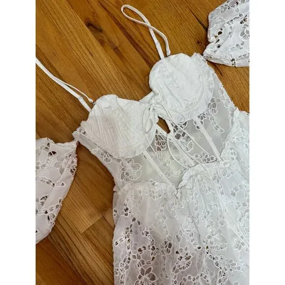 For Love & Lemons Romi Midi‎ Dress in White Small Floral Eyelet Puff Sleeve